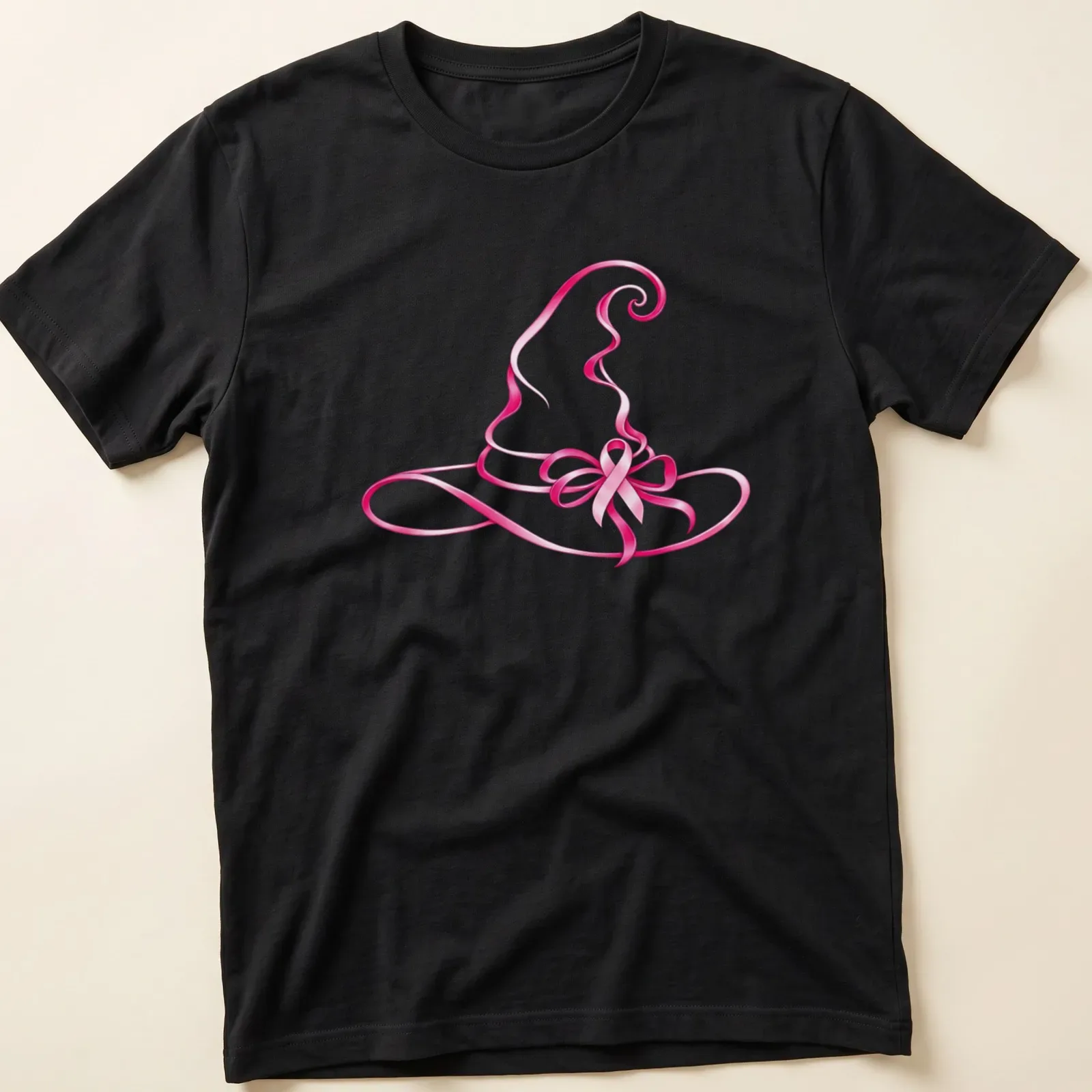 Stylized pink witch hat graphic symbolizing breast cancer awareness — printed on a unisex t-shirt