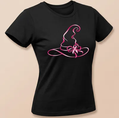 Stylized pink witch hat graphic symbolizing breast cancer awareness — printed on a women's shirt
