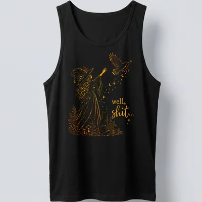 Whimsical illustration of a witch with a crow and magic wand, with text: 'well, shit...' — printed on a tank top