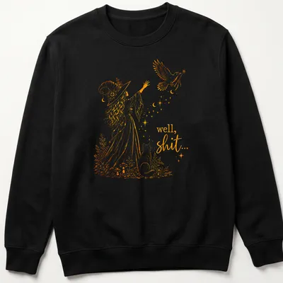 Whimsical illustration of a witch with a crow and magic wand, with text: 'well, shit...' — printed on a unisex sweatshirt