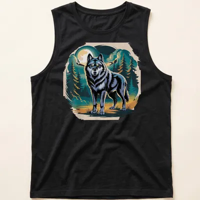 Vintage illustration of a wolf under a moonlit forest in earthy colors — printed on a tank top