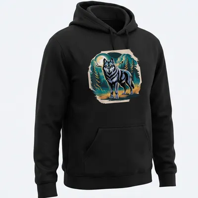 Vintage illustration of a wolf under a moonlit forest in earthy colors — printed on a unisex hoodie