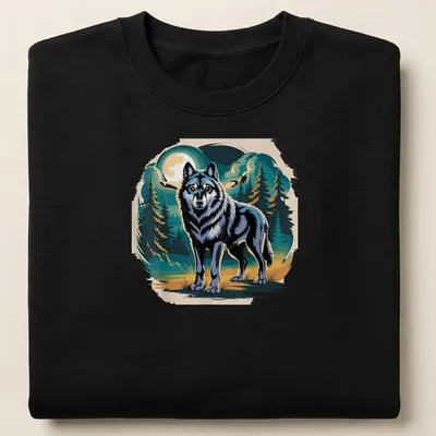 Vintage illustration of a wolf under a moonlit forest in earthy colors — printed on a unisex sweatshirt