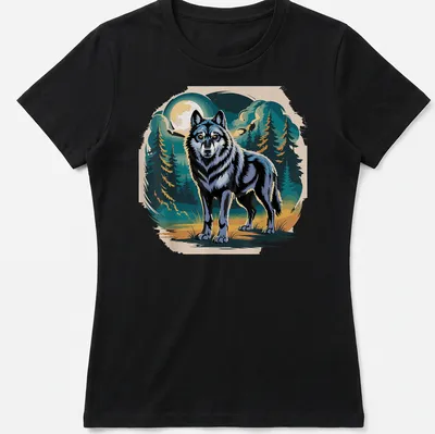 Vintage illustration of a wolf under a moonlit forest in earthy colors — printed on a women's shirt