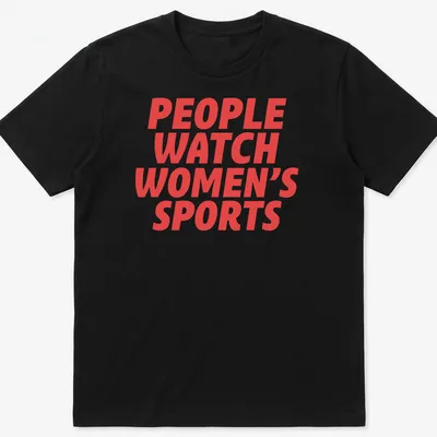 Bold typography t-shirt promoting women's sports with red lettering