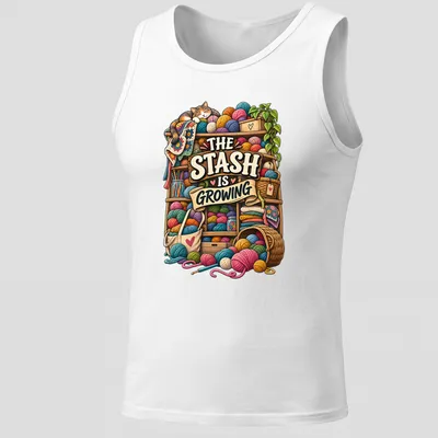 Colorful illustration of a cat surrounded by yarn and knitting supplies with printed text above. — printed on a tank top