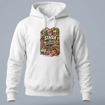Colorful illustration of a cat surrounded by yarn and knitting supplies with printed text above. — printed on a unisex hoodie
