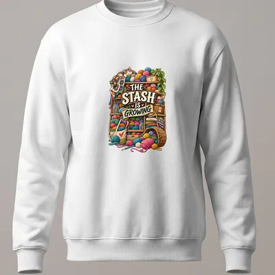 Colorful illustration of a cat surrounded by yarn and knitting supplies with printed text above. — printed on a unisex sweatshirt