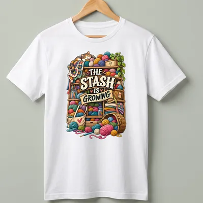 Colorful illustration of a cat surrounded by yarn and knitting supplies with printed text above.