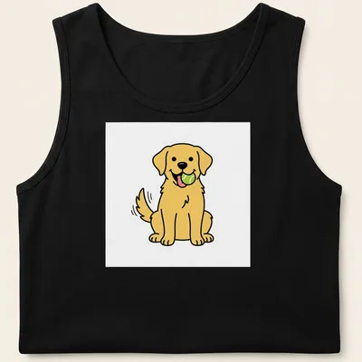 Kawaii line-art of a joyful yellow Labrador holding a ball in its mouth — printed on a tank top