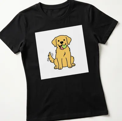 Kawaii line-art of a joyful yellow Labrador holding a ball in its mouth — printed on a women's shirt