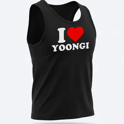 Bold graphic t-shirt with 'I ❤️ YOONGI' text in red and white. — printed on a tank top