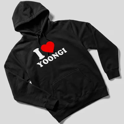 Bold graphic t-shirt with 'I ❤️ YOONGI' text in red and white. — printed on a unisex hoodie