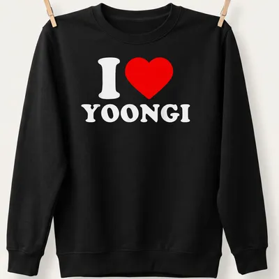 Bold graphic t-shirt with 'I ❤️ YOONGI' text in red and white. — printed on a unisex sweatshirt