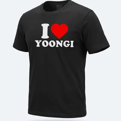 Bold graphic t-shirt with 'I ❤️ YOONGI' text in red and white.