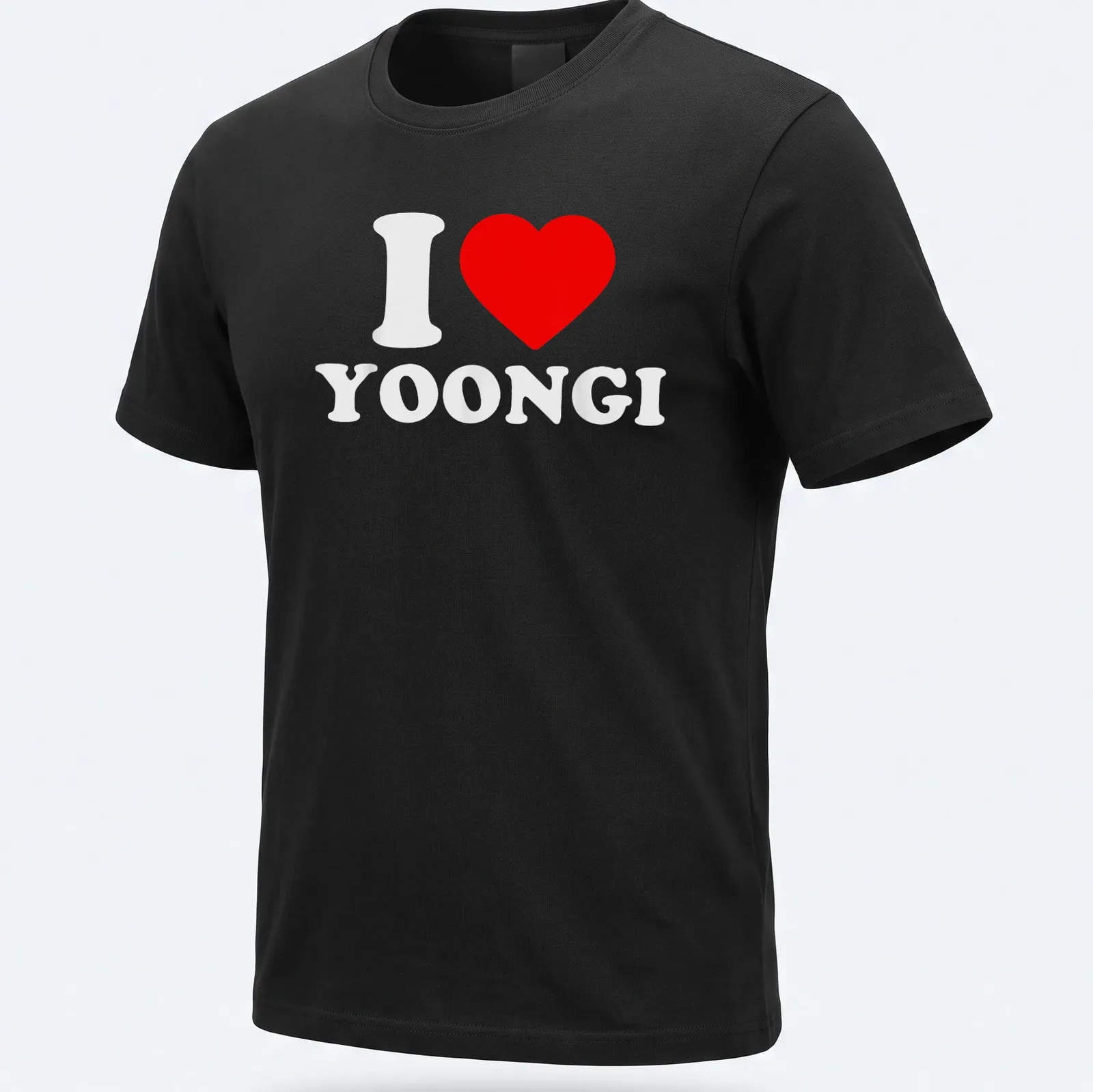 Bold graphic t-shirt with 'I ❤️ YOONGI' text in red and white. — printed on a unisex t-shirt