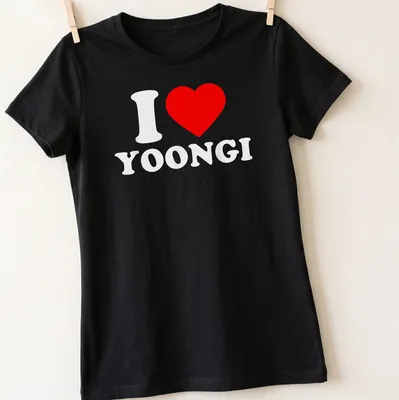 Bold graphic t-shirt with 'I ❤️ YOONGI' text in red and white. — printed on a women's shirt