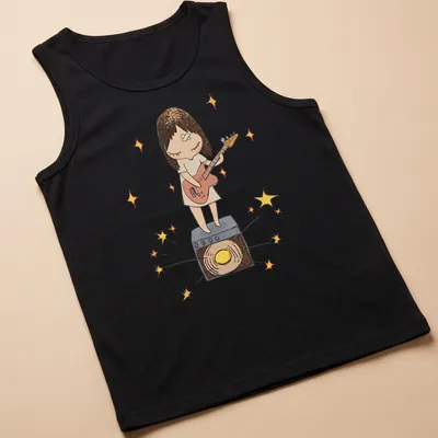 Kawaii illustration of a girl playing guitar in pastel colors — printed on a tank top
