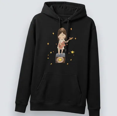 Kawaii illustration of a girl playing guitar in pastel colors — printed on a unisex hoodie