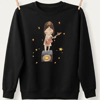 Kawaii illustration of a girl playing guitar in pastel colors — printed on a unisex sweatshirt