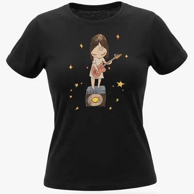 Kawaii illustration of a girl playing guitar in pastel colors — printed on a women's shirt