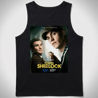 Illustration of Sherlock Holmes with bold colors and modern cinematic style — printed on a tank top