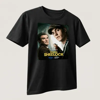Illustration of Sherlock Holmes with bold colors and modern cinematic style — printed on a unisex t-shirt (angled view)