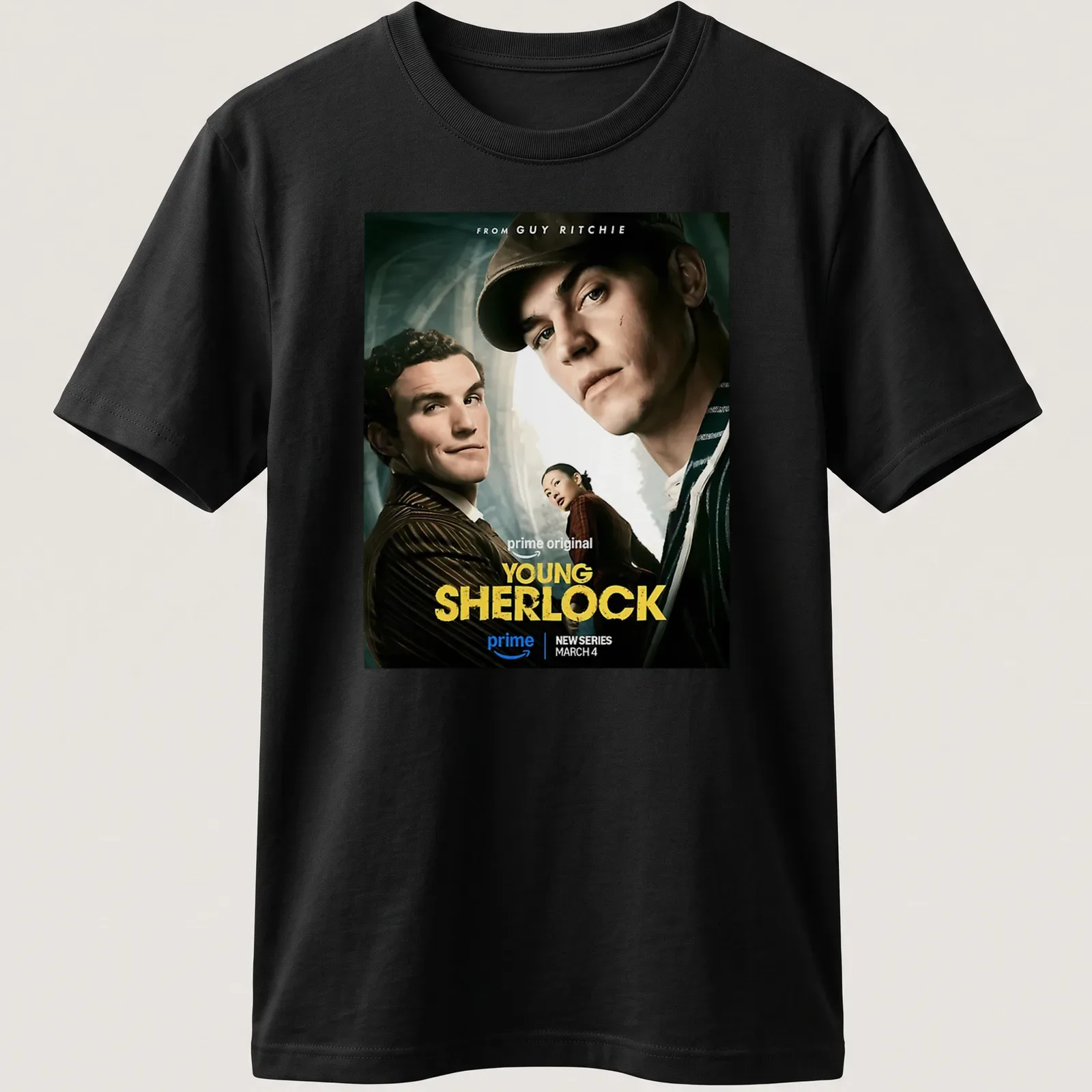 Illustration of Sherlock Holmes with bold colors and modern cinematic style — printed on a unisex t-shirt