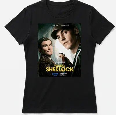 Illustration of Sherlock Holmes with bold colors and modern cinematic style — printed on a women's shirt