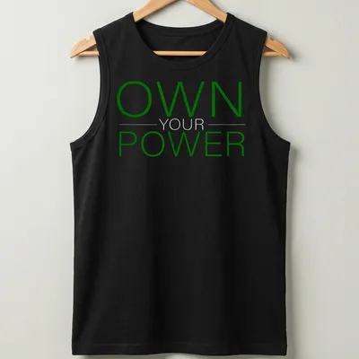 Bold typography shirt with 'OWN YOUR POWER' in dark green and white — printed on a tank top
