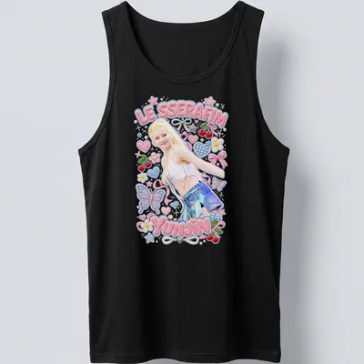 Kawaii pastel illustration of Yunjin from Le Sserafim with text. — printed on a tank top