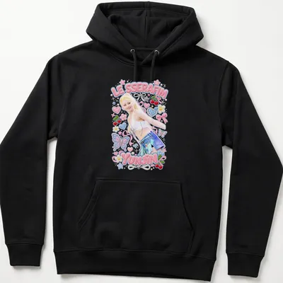Kawaii pastel illustration of Yunjin from Le Sserafim with text. — printed on a unisex hoodie