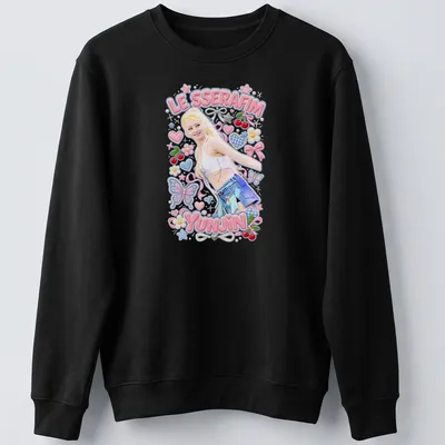 Kawaii pastel illustration of Yunjin from Le Sserafim with text. — printed on a unisex sweatshirt