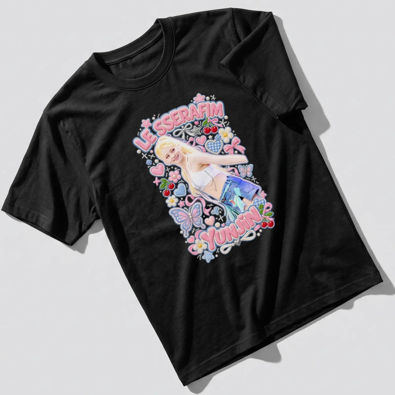 Kawaii pastel illustration of Yunjin from Le Sserafim with text. — printed on a unisex t-shirt