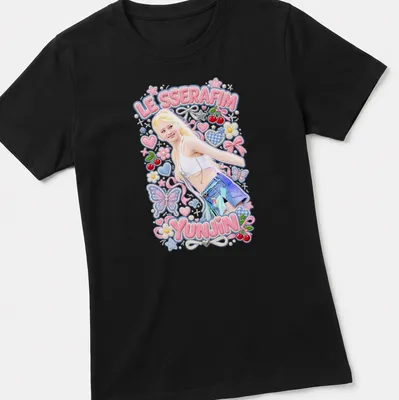 Kawaii pastel illustration of Yunjin from Le Sserafim with text. — printed on a women's shirt